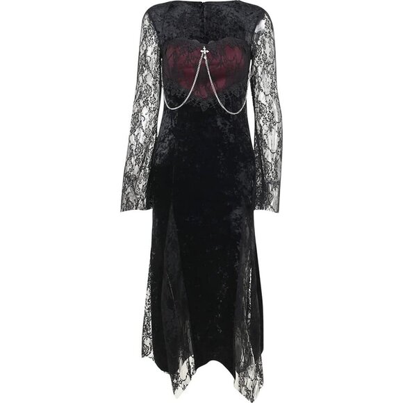 Contrast Lace Long Sleeve Split Dress Black Goth Vintage Dresses Clothes - Picture 8 of 8